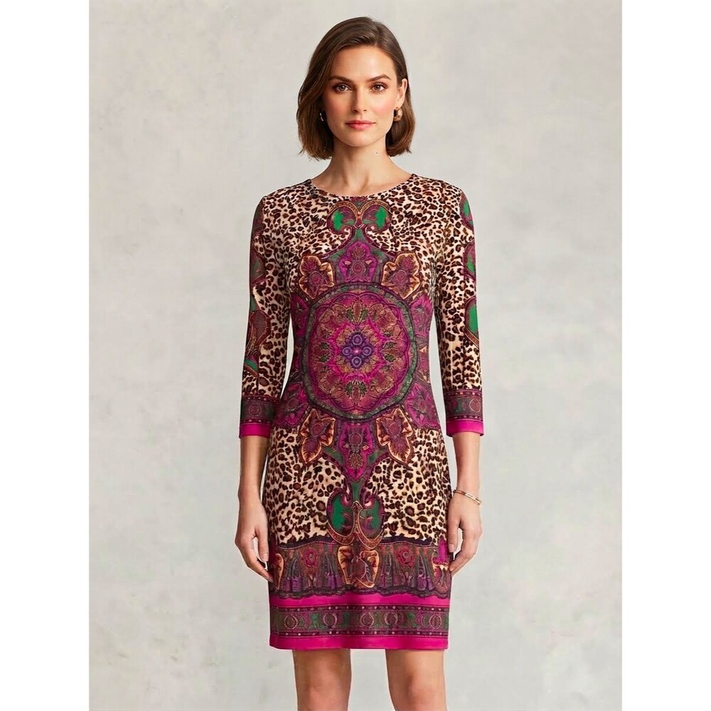 London Times Animal Print Shift Dress With 3/4 Sleeves